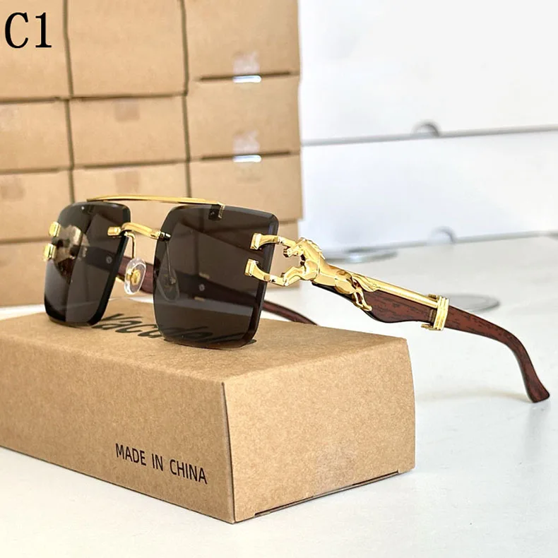 Holzmaserung Sonnenbrille Damen Trendy 2024 Randlose Sonnenbrille Herren Vintage Designer Mode-Brillen Lentes De Sol Mujer Zonnebril – Detail 1