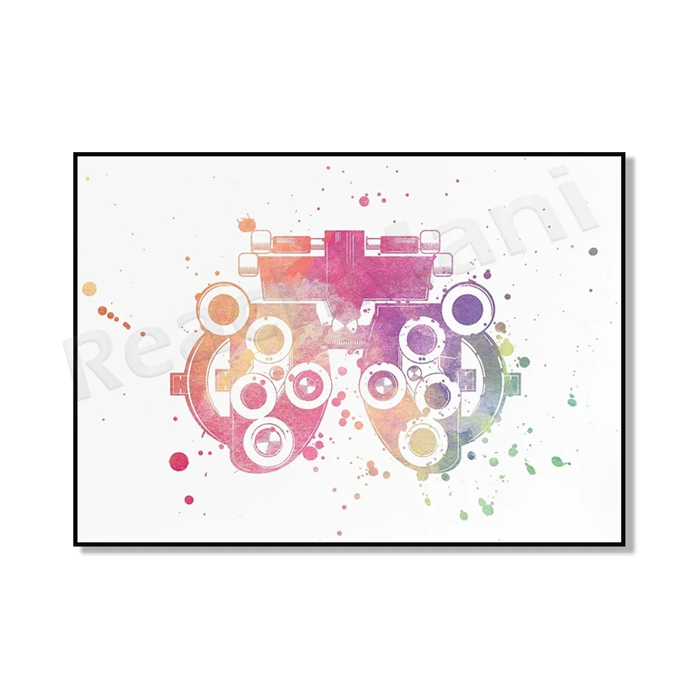 Optometry tools, watercolor Snellen eye chart, iris print, retinal blood vessels, human eye optometrist poster wall decoration