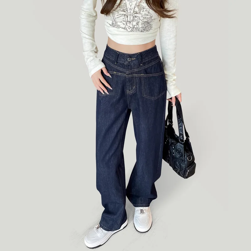 Donkere wassing jeans met hoge taille en wijde pijpen voor dames, losse pasvorm, wijde denimbroek, casual streetwear broek