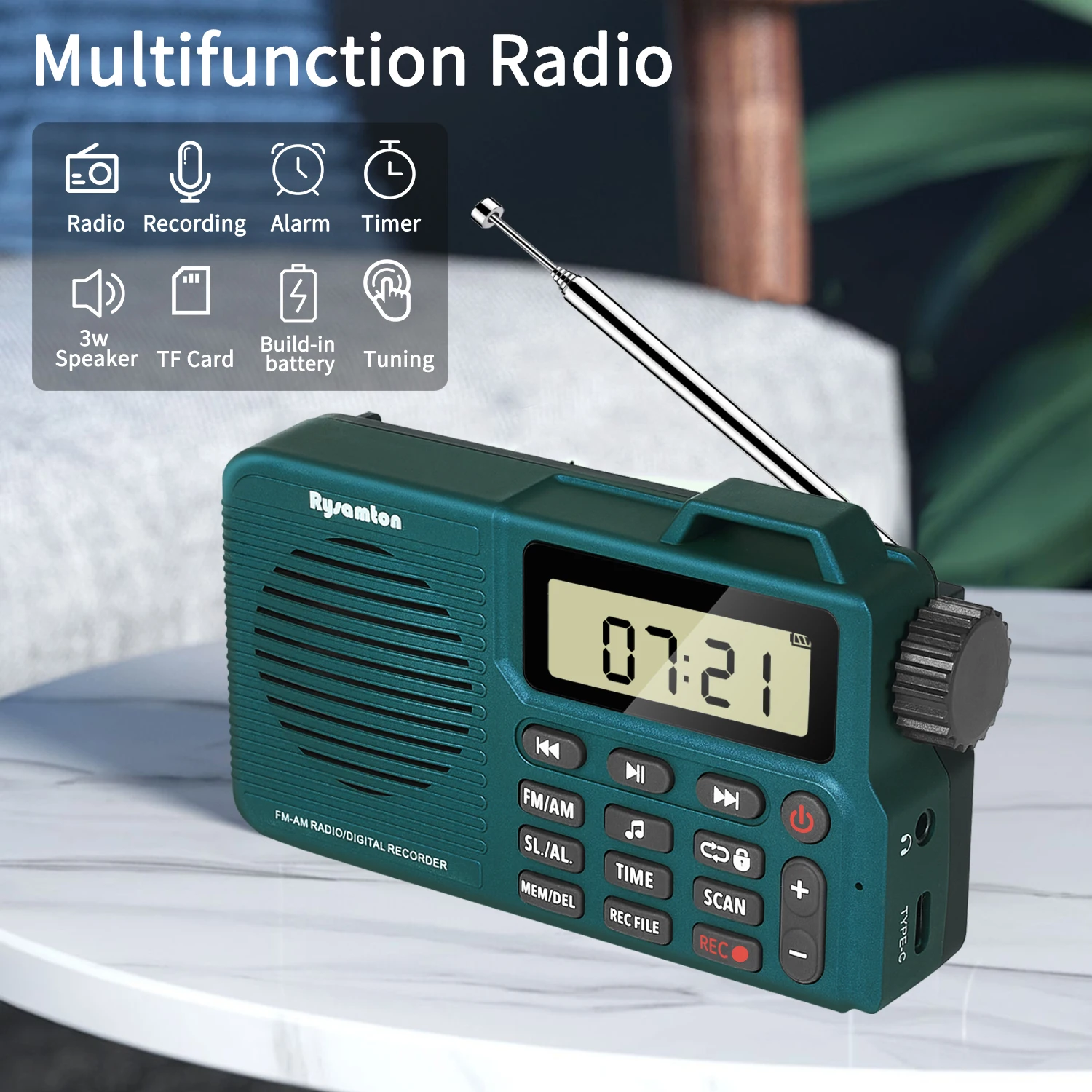 Portable AM/FM Radio, Small Pocket Radio with Bluetooth, Bass Speaker, Support Micro SD Card and Record, Long Battery Life