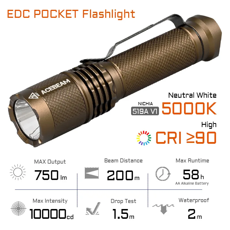 ACEBEAM TAC AA 슈퍼 브라이트 EDC AA 손전등, 최대 1000 루멘, 280 미터, 6500K 및 5000K(519A CRI90) 로 사용 가능