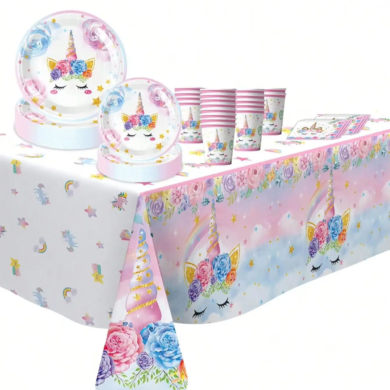 

Disposable paper plates, magical unicorn supplies tray including 7-inch 9-inch dinner plate, paper cups, paper towels