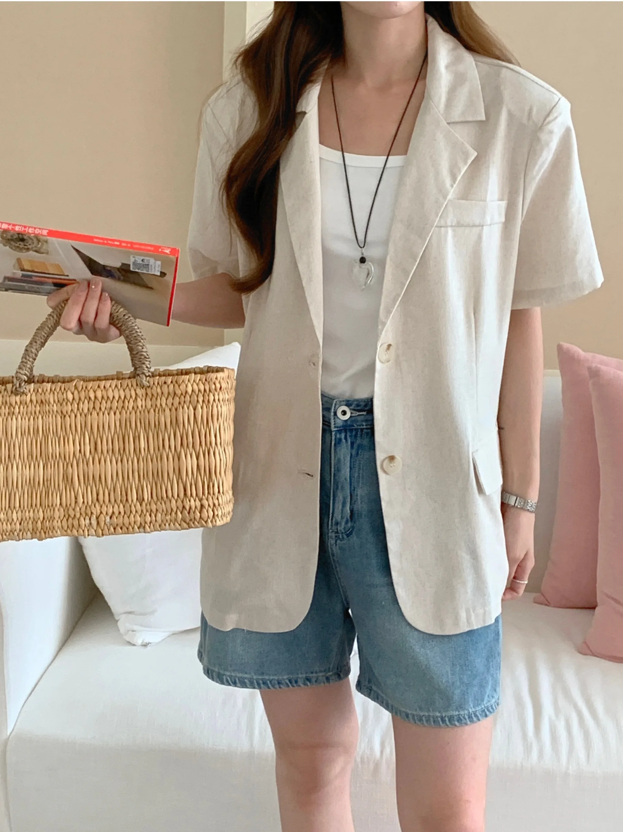 

Retro Lapel Single Button Loose Women's Suit Jacket Chic Summer Elegance Short Sleeve Open Cardigan Top Fashionable Ladies' B...