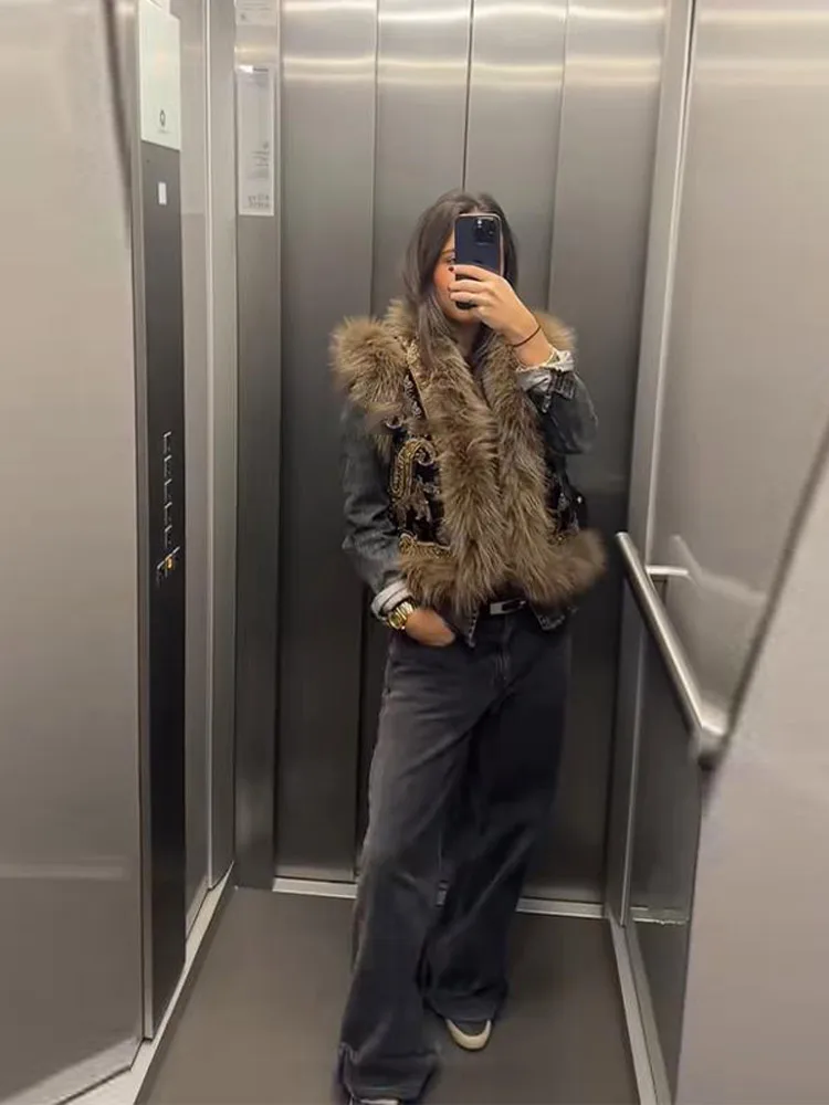 Elegant Chinese Style Women Vest Floral Faux Fur Golden Hem Fashion Female Coat Cardigan Spring Autumn High Street