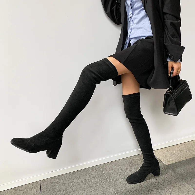 Botas elásticas de tacón alto con punta cuadrada para mujer, zapatos informales versátiles de gamuza que aumentan la altura, Botas Invierno Mujer