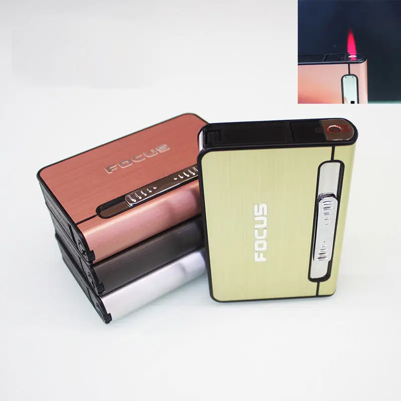 

FOCUS Automatic Cigarette Case Lighter 10pcs Aluminum Cigarette Case Butane Gas Windproof Lighter Free Shipping