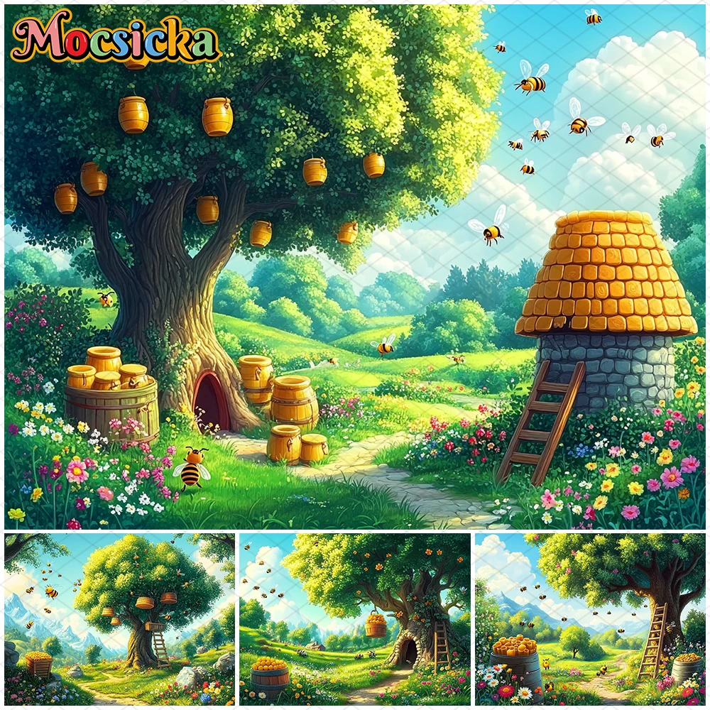 

Mocsicka Natural Scenery Photo Backdrop Spring Easter Green Tree Grassland Bee Bear Decors Birthday Party Photography Background