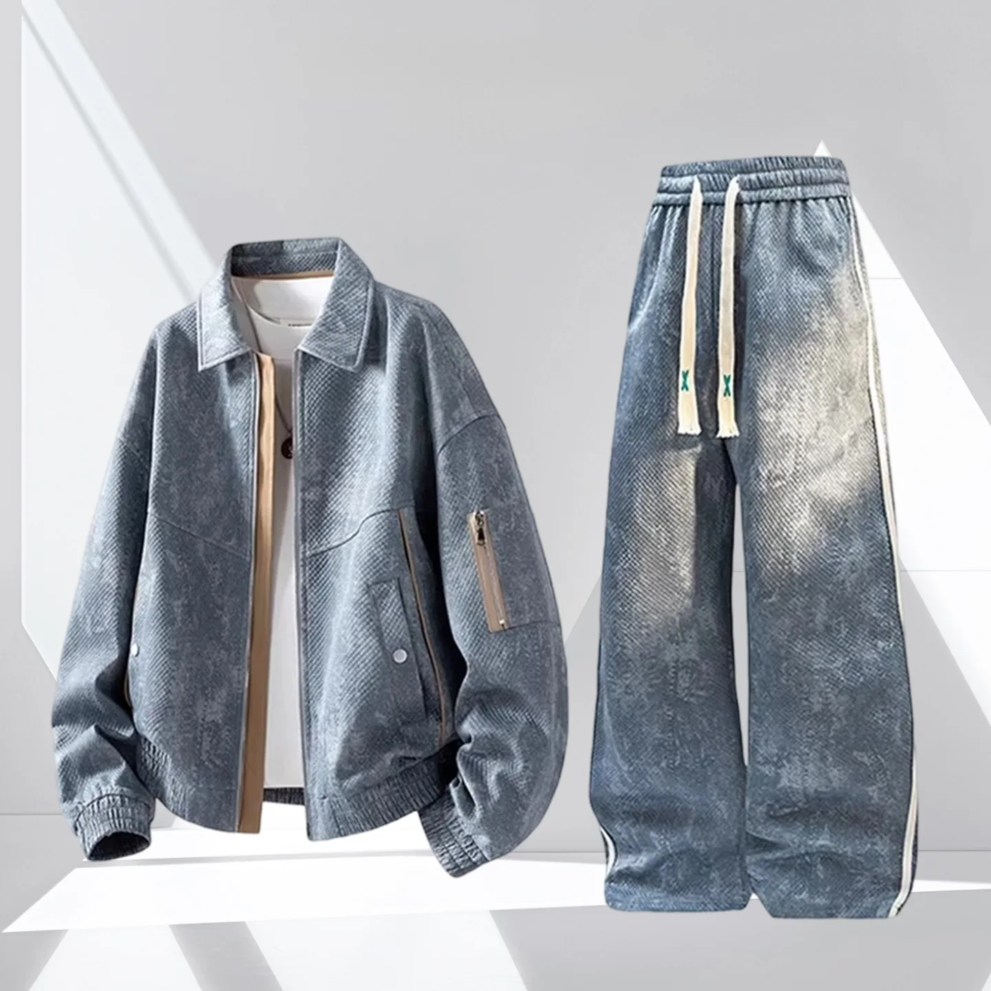 

Весенний мужской костюм-двойка 2026: Американский пиджак с лацканами и свободные прямые повседневные брюки. Комплект верхней одежды.