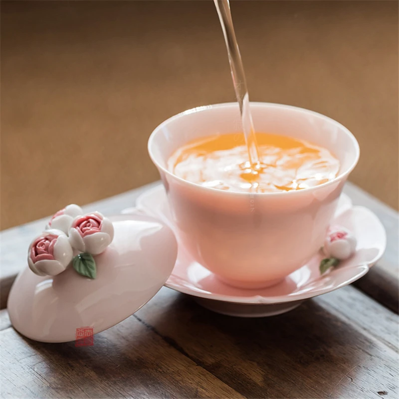 Pink Ceramic Cover Bowl Jade Clay Powder Kneading Flower Home Tea Cup Saucer with Lid Drinkware Kung Fu Tea Set for Women