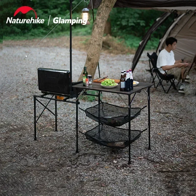 Naturehike Foldable Camping Table Outdoor Picnic Cooking Furniture With Mesh Storage Bag BBQ Gas Cooker Bracket WORKTOP-FG01