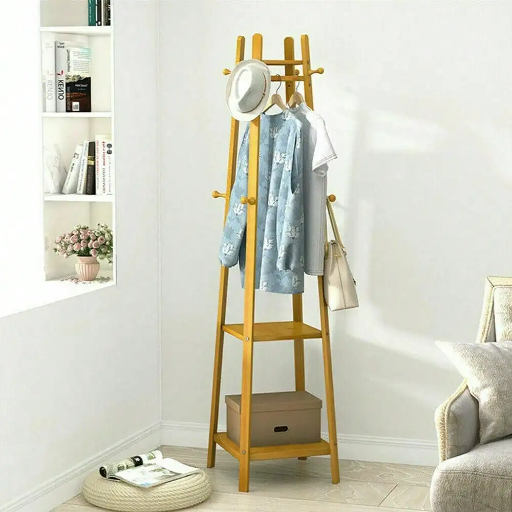 Bamboo Entryway Hall Tree Coat Rack Stand Umbrella Storage with 2 Shelves 8 Hook