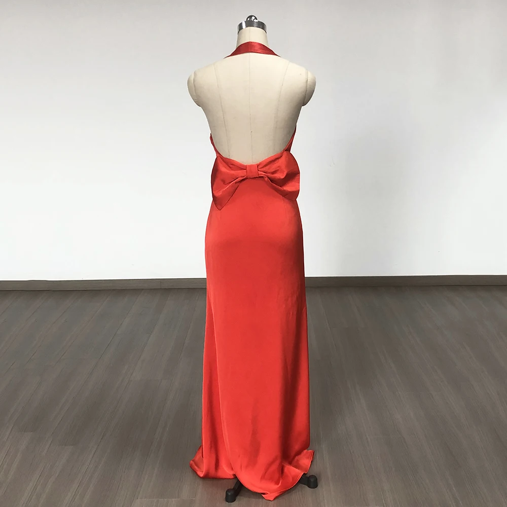 Red Color Women Sexy Halter Off the Shoulder Backless Bow Bodycon Floor-Length Dress Celebrate Wedding Party Celebrate Vestido