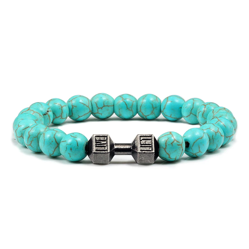 Natürliche Vulkanstein Armband Männer Matte Schwarz Lave Weiße Perlen Charme Hantel Strang Armbänder Frauen Barbell Fitness Schmuck