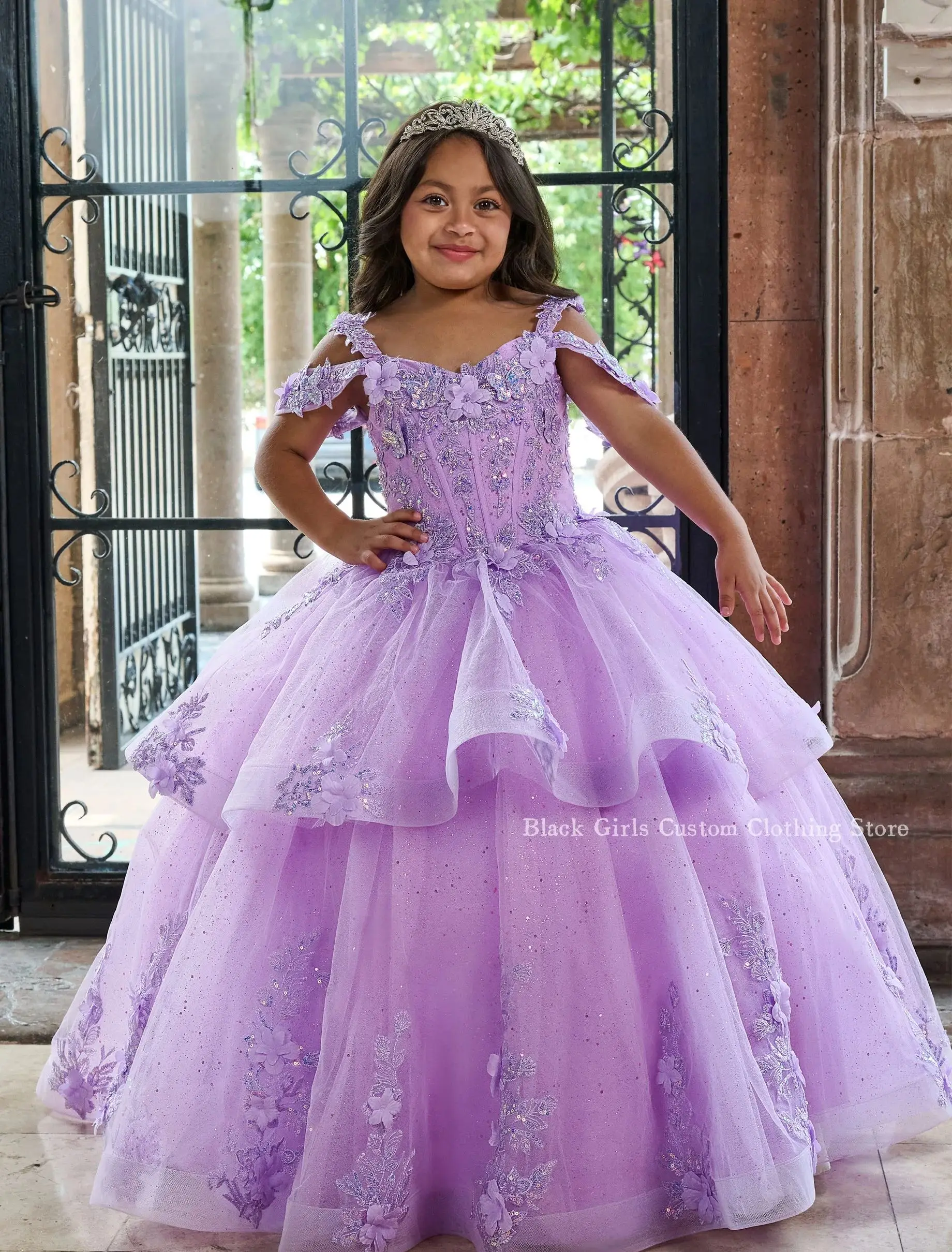 Exquisite Mexican Flower Girl Dresses 2024 Mini Quinceanera Dresses Purple 3D Floral Applique Ruffle Poncho فساتين سهرة