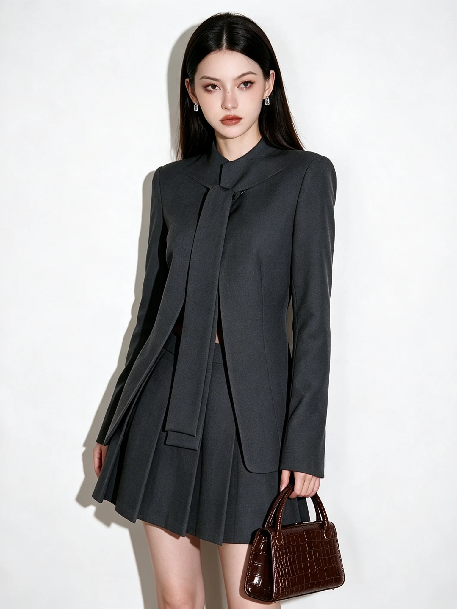 plus Size Women's Suit Jacket with Belt High Waist Pleated Skirt Two Piece Set Autumn Fashion Korean Style Medium Length