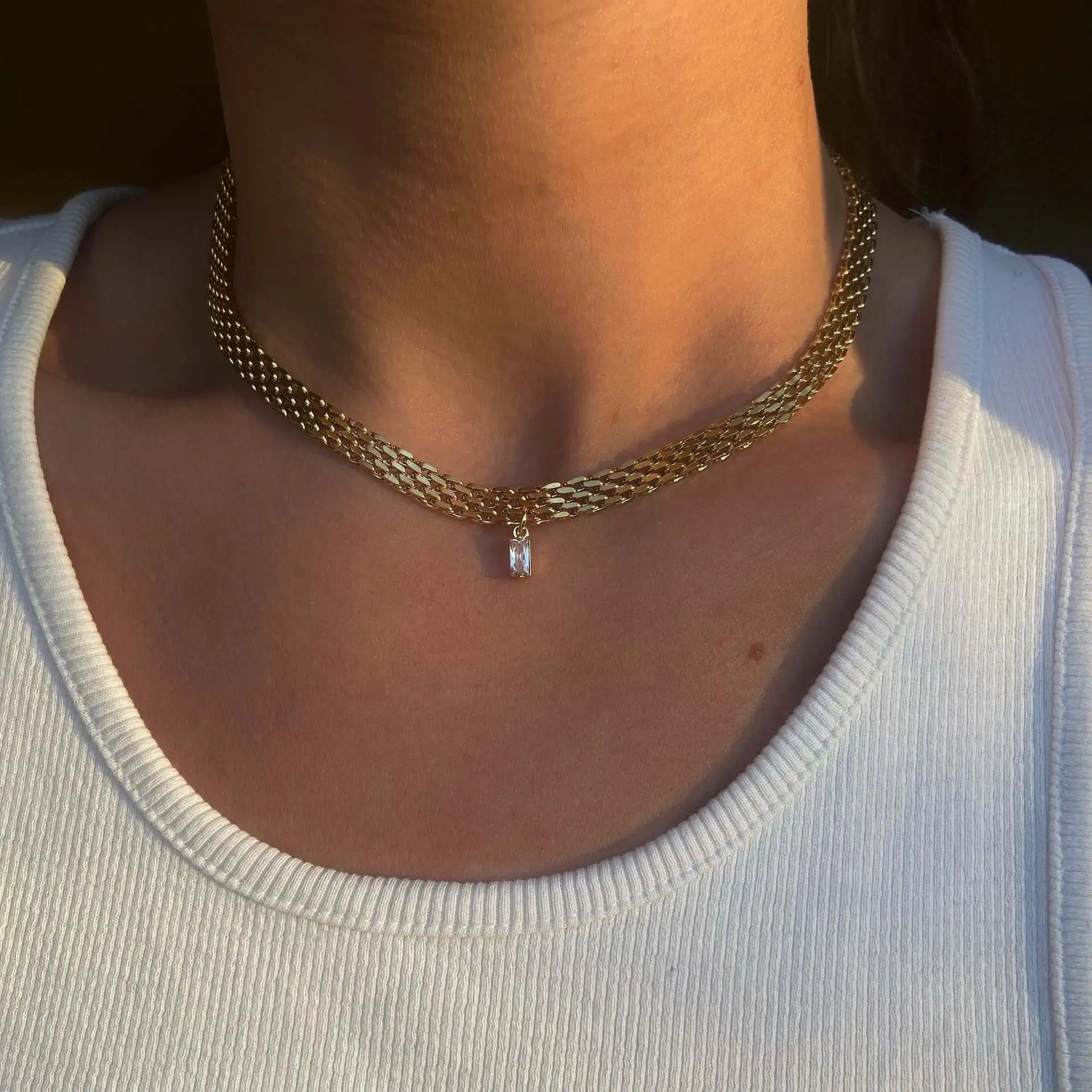 

DASEIN Colorful Zircon Woven Chain Choker Necklace 18K Gold Plated Stainless Steel Trendy Jewelry Charm Accessories for Women