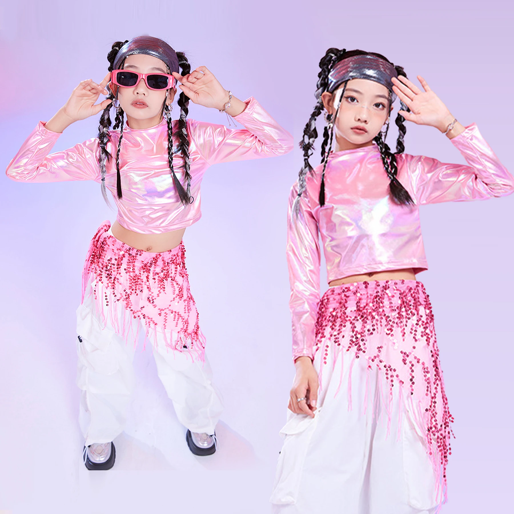 LOlanta Metallic Dance Tops for Girls Long Sleeve Cropped Top Shiny Hip Hop Party Holographic Shirt Dancewear 6-14Years view 4