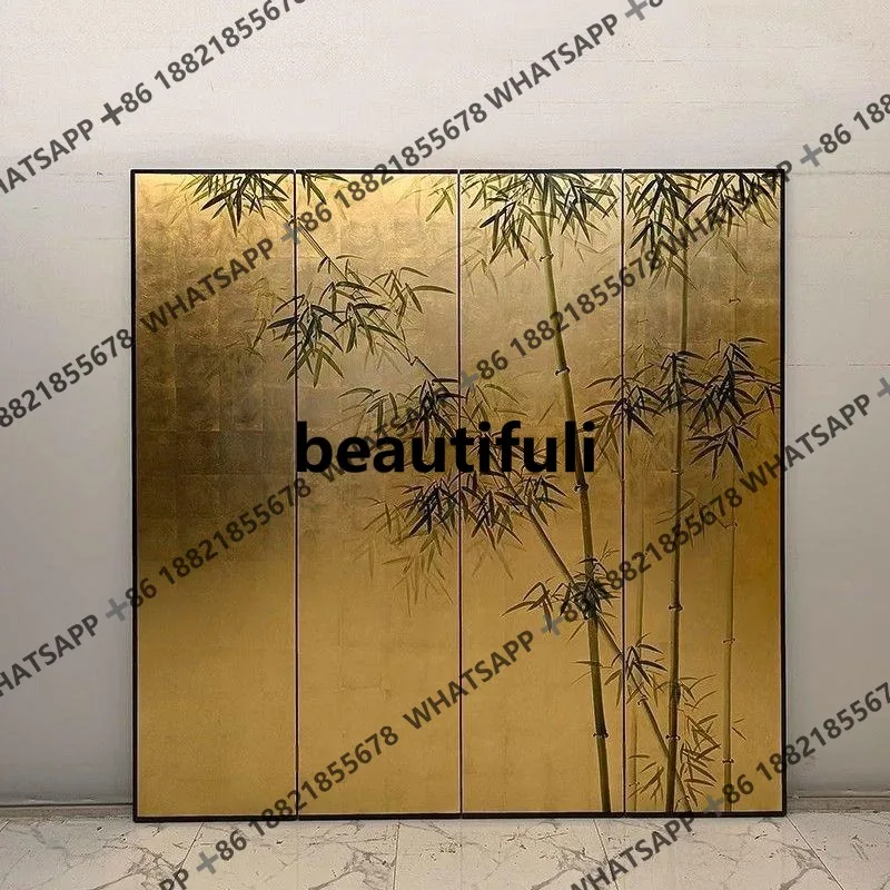 Hand-painted gold leaf bamboo screen, lacquer painting art folding mobile partition, living room entrance folding screen