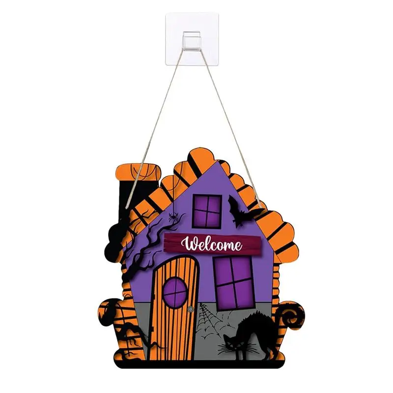 Halloween Hanging Door Wall Decor Wooden Plaque Happy Halloween Sign Haunted House Pattern