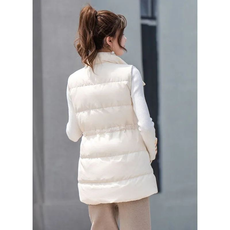2025 New Parkas Women Vest Coats Thick Warm Sleeveless Turn Down Collar Drawstring Tight Waist Coat Single Breasted Autumn Winte