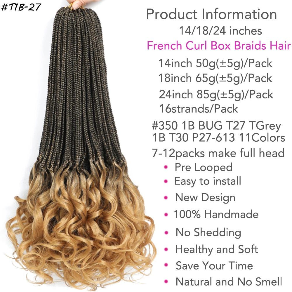 Trenzas de ganchillo con rizos franceses largos, trenzas de caja de ganchillo rizadas francesas preenrolladas con extremos ondulados sueltos, extensiones de cabello sintético