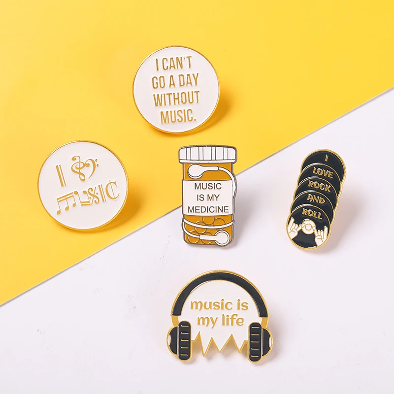 Music Life Enamel Pins Earphone Note CD Rock n Roll Brooches Bag Hat Lapel Pin Badge Jewelry Gift for Music Lover