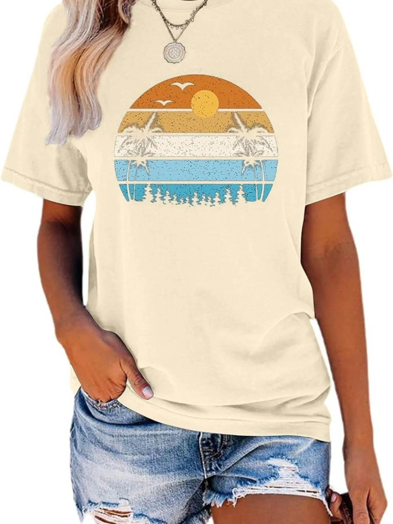 Plus size women's short sleeve T-shirt Sunset Palm Trees Ocean Birds breathable fabric summer outfit women's clothing