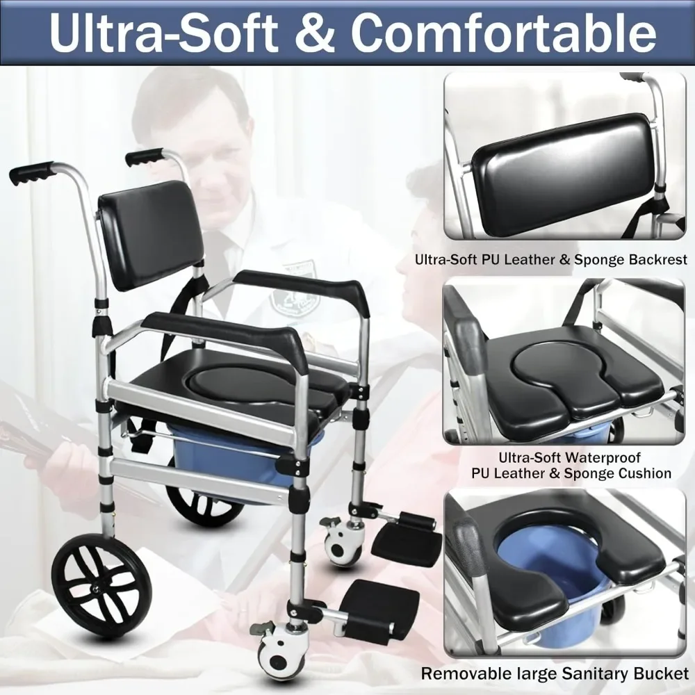 Folding Bedside Commode with Wheels  Padded Shower Chair with Bucket Rolling Shower Commode Chairs with Soft Backrest Bedside