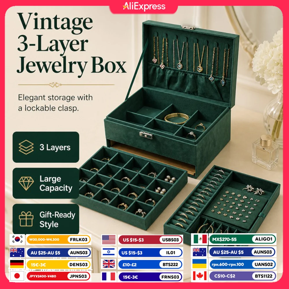 Jewellery Box for Women, Lockable Travel Jewellery Box 3 Layers Organizer, Jewellery Storage Case for Necklaces, Rings, Bracelet