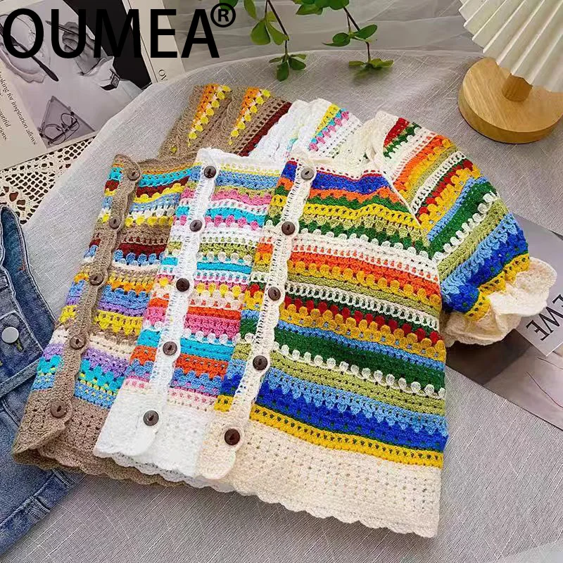 OUMEA Women Rainbow Crochet Blouse Buttons Front Cute Tops Square Neck Vintage Knitting Beach Blouse For Girls