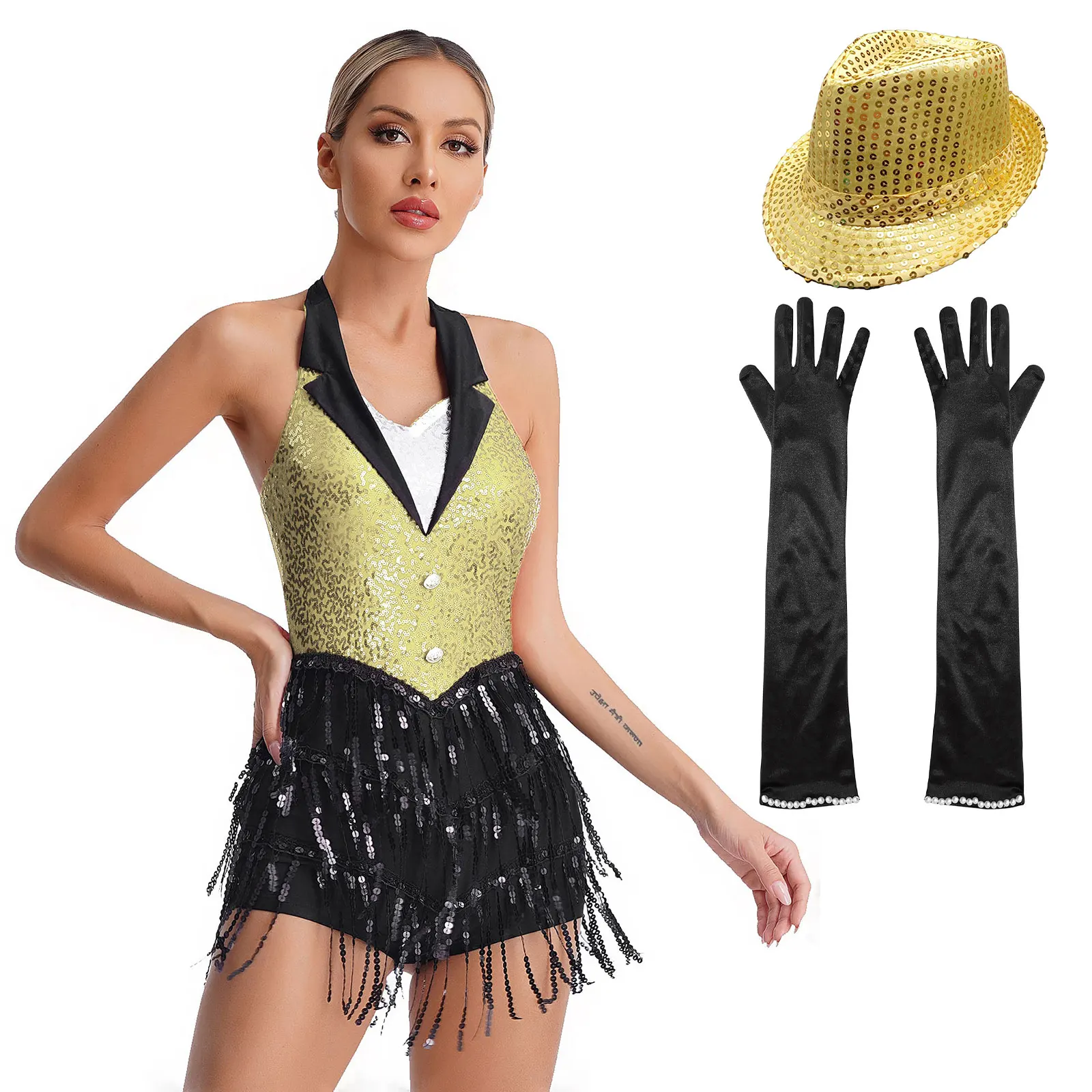 Frauen moderne Latin Jazz Tanz kostüme glänzende Pailletten Tango Salsa Tanz Trikot Femme Smoking Bodysuit Halloween Party Kostüm