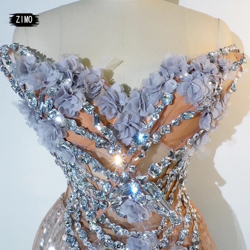 Elegante abito da cantante con paillettes di cristallo per le donne Fiore senza schienale Discoteca Party Stage Ds Celebrare Drag Queen Pole Dance Clothin