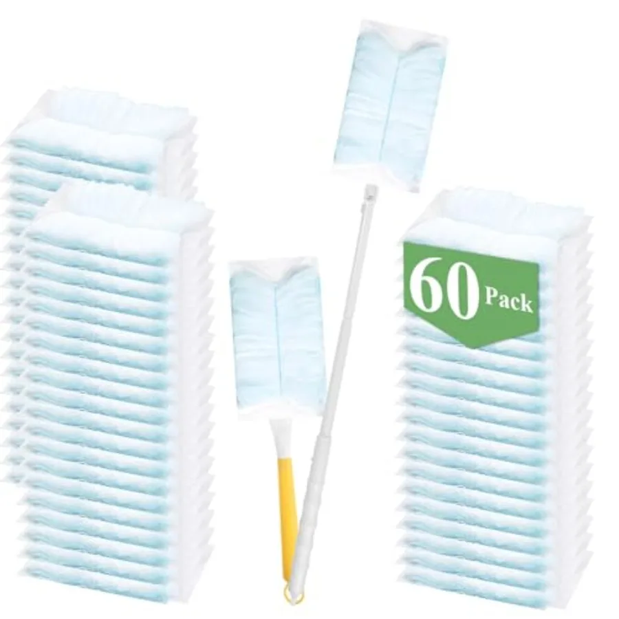 

60 Pcs Disposable Dusters Refills, 180° Electrostatic Duster Refills Multi-Surface Microfibre Duster Replacement with 2 Pcs Han