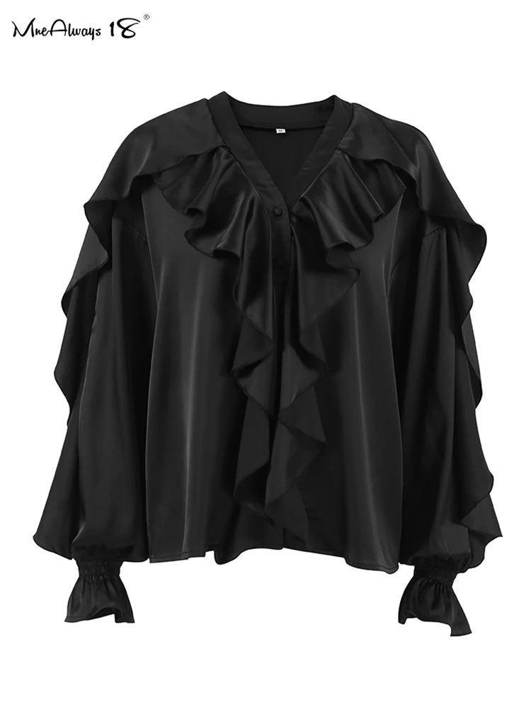 Mnealways18 Black Laminated Flounces Oversize Shirts Women Flare Sleeve Ruffled Blouses And Tops Office Ladies Autumn 2024 White