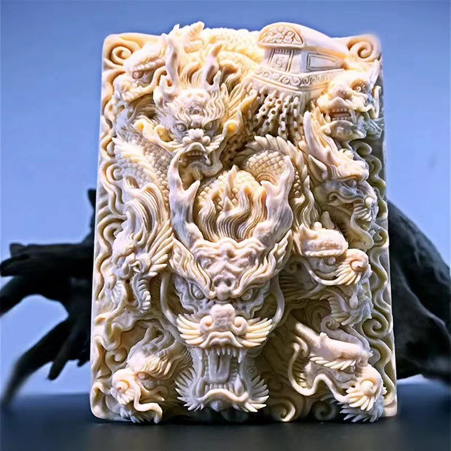 Natural Mammoth Ivory Hand Carved Fudo Myoo Nine Dragons Pendant Buddhist Protector Amulet Jewelry Gift