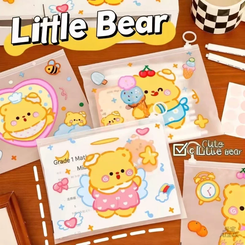 

Cartoon milk yellow bear ring file bag student transparent A5 zipper pencil case cute large capacity stationery storage bag