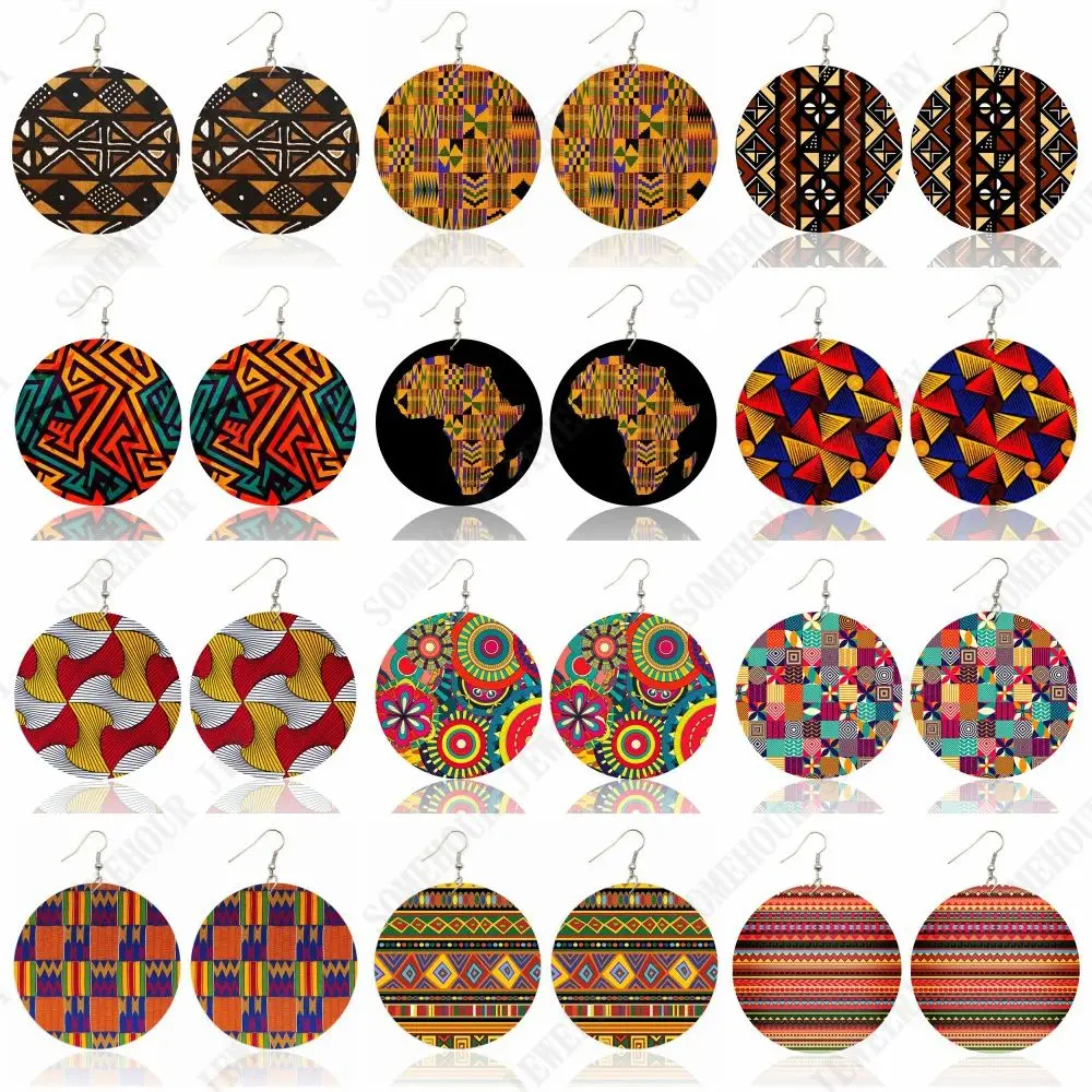 SOMEHOUR African Ethnic Fabric Deisgn Tribal Wooden Drop Earrings Ankara Arts Print Geometric Boho Loops Dangle For Women Gifts