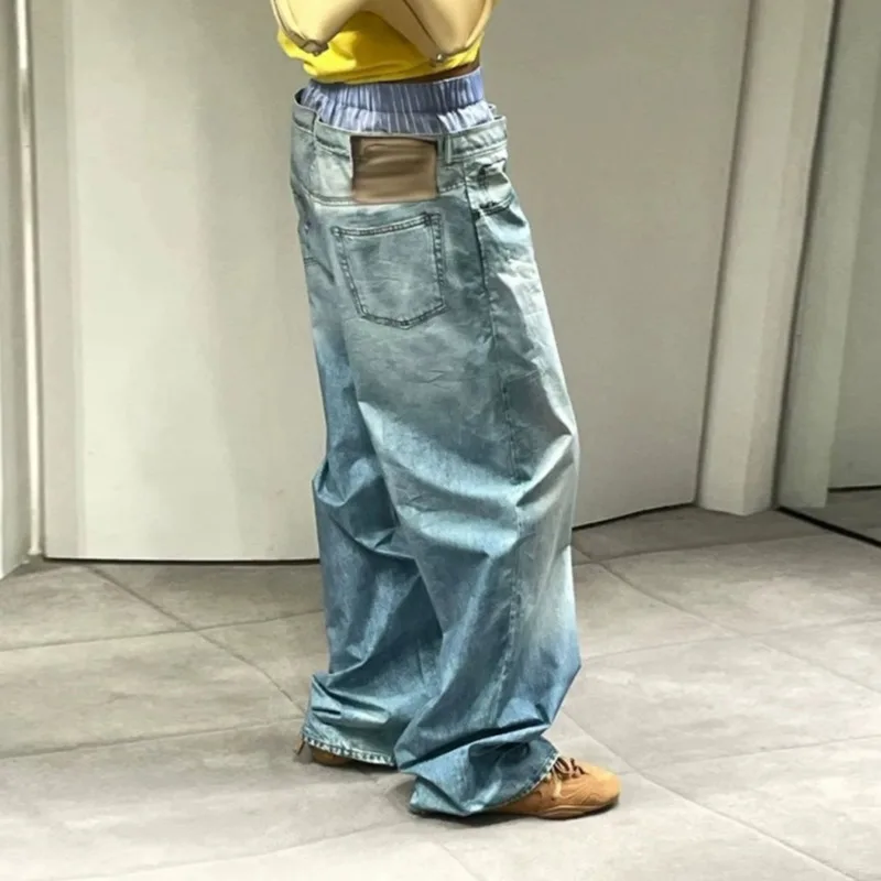 HKSH Autumn New Men Tide 3D Print Double Waist Patchwork Jeans Women Straight Washed Vintage Denim Pants Avant-Garde Ins HK18748