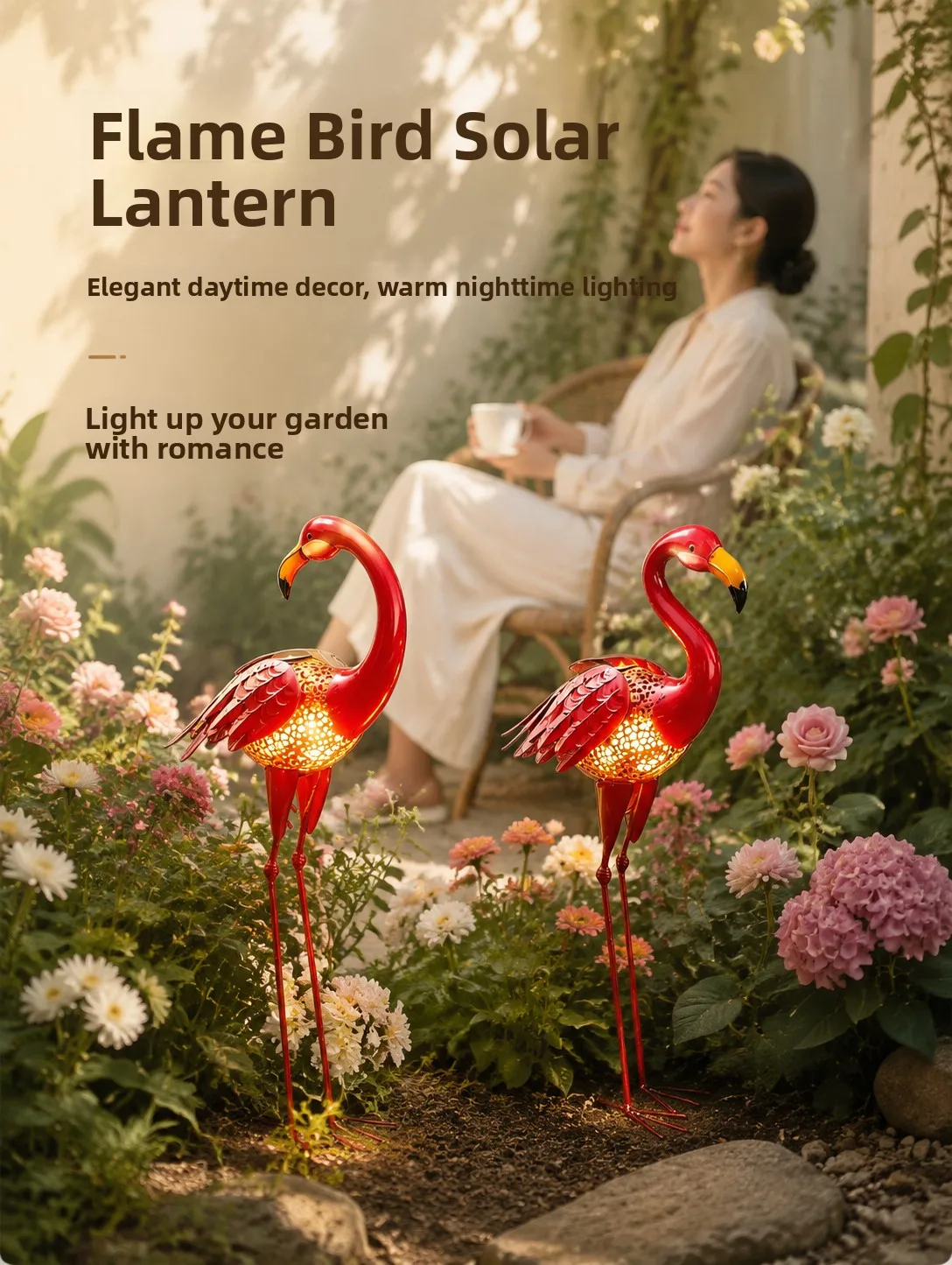 Outdoor Metal Red Flamingo Solar Powered Garden Lamp Villa Park Landscape Decoration Hollow out Craft Handmade Iron Ornament