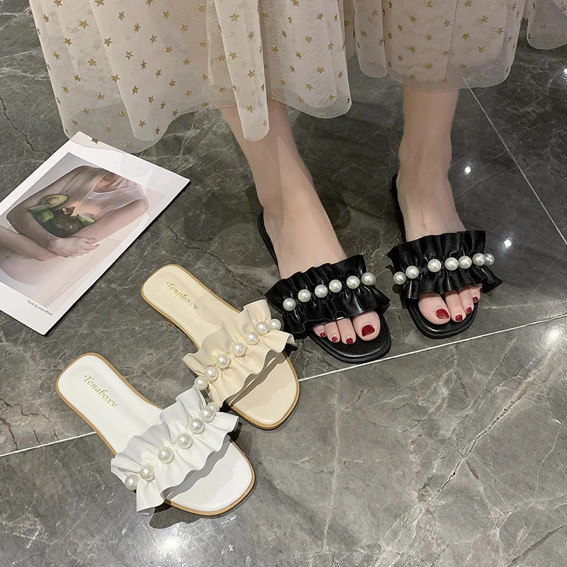 Women Slides Faux Pearl Decor Ruffle Trim Sandals Open Toe Wear-resistant Flat Slippers Summer Sandy Beach Sandals Women Shoes