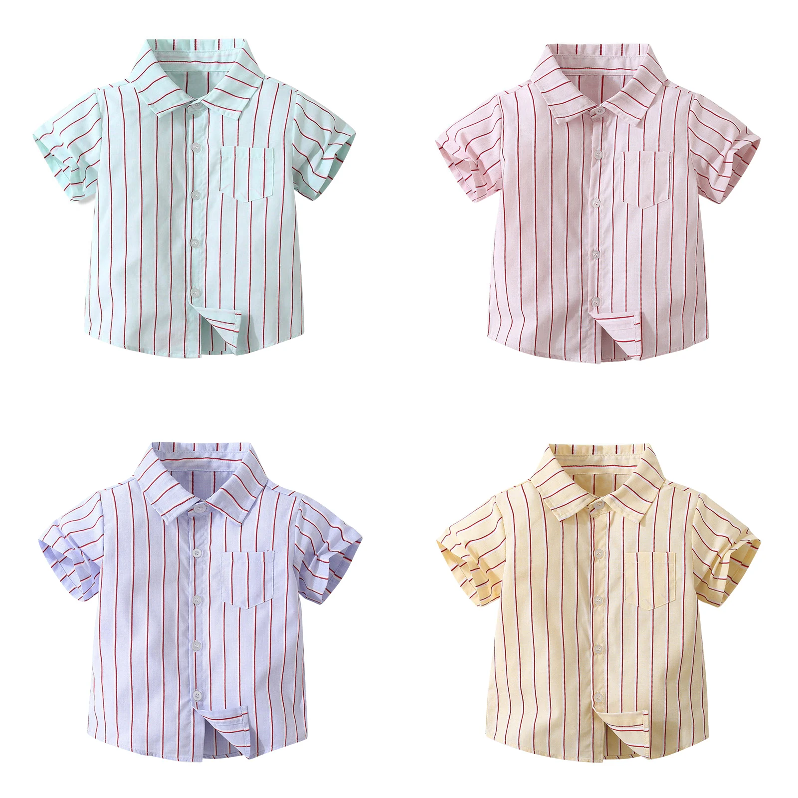 Summer Clothing for Baby Boys Causal Clothes Short Sleeve Turndown Collar V Neck Stripes Single-breasted Shirt Little Boys Wear