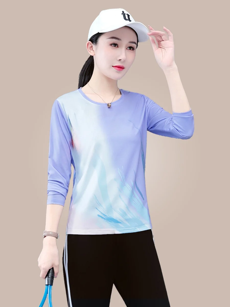 

Qui Dry Ice Silk Sportswear Set Women's Long Sve round Ne Two Piece Faionable Spring Autumn Sportswear Polyester Fiber