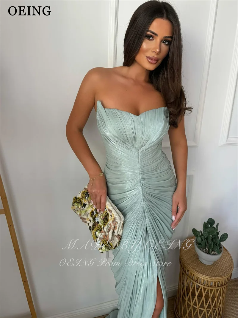 OEING Elegant Mermaid Sky Blue Prom Dresses Boat Neck Pleated Maxi Party Dresses High Slit Evening Dresses 2026 Customized