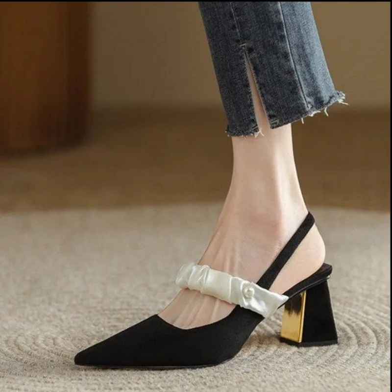 

Woman Black Chunky Heel Slingback Mules Casual Pointed Shallow Mouth Heels Vintage Black Office High Shoes Work Dress Shoes