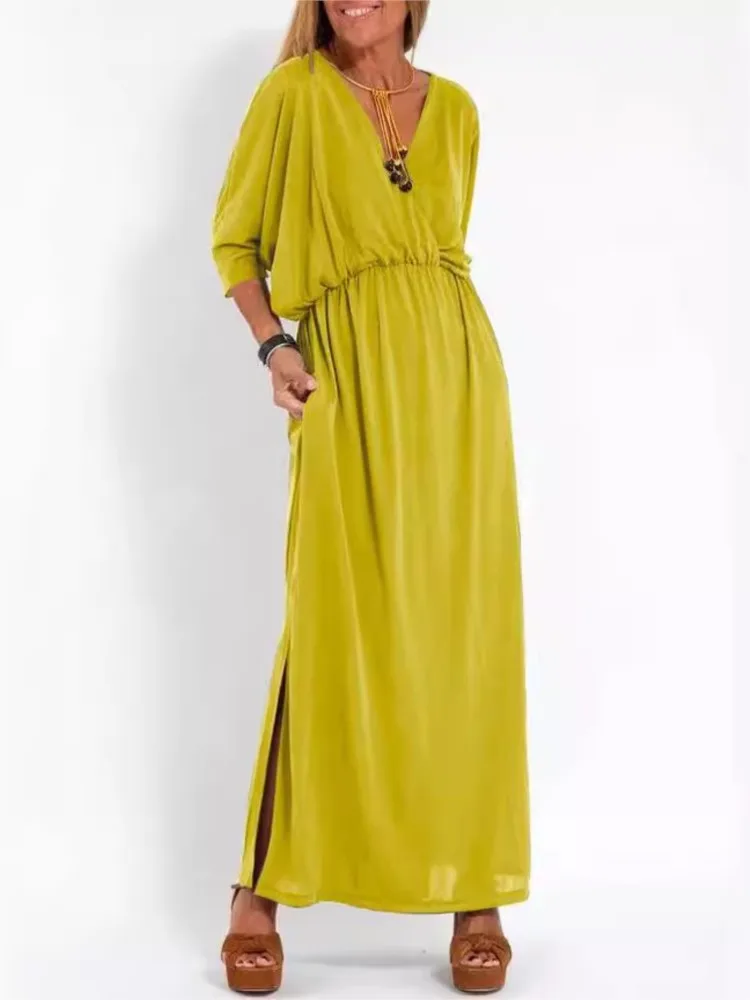 

2024 Women's Spring Summer New Product Fashion Solid Color High Waist Sexy Split V-neck Medium Long Sleeve Dress