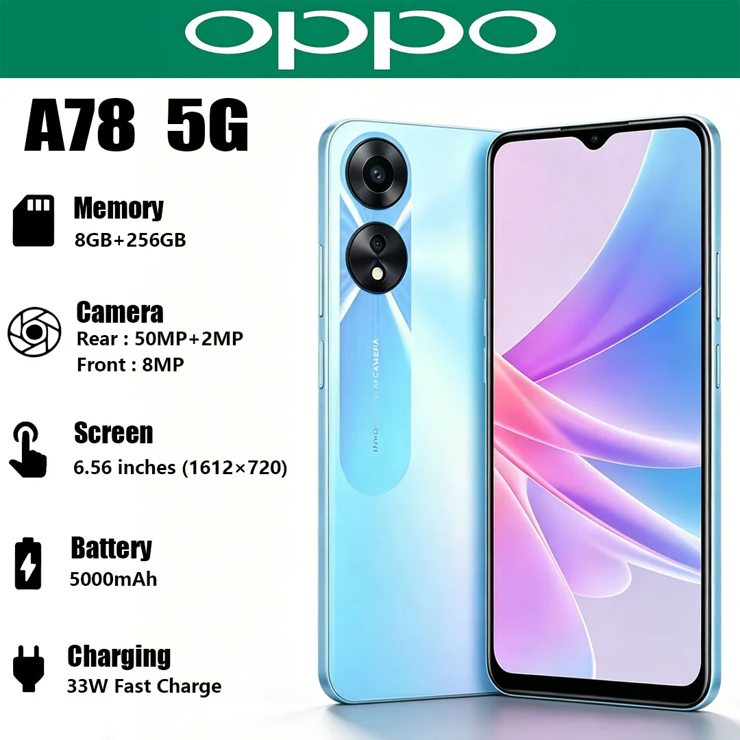 OPPO A78 5G Budget Smartphone 90Hz Display 50MP AI Camera 5000mAh 33W Charging Dual-SIM Mobile Phone Global Version 8GB+256GB