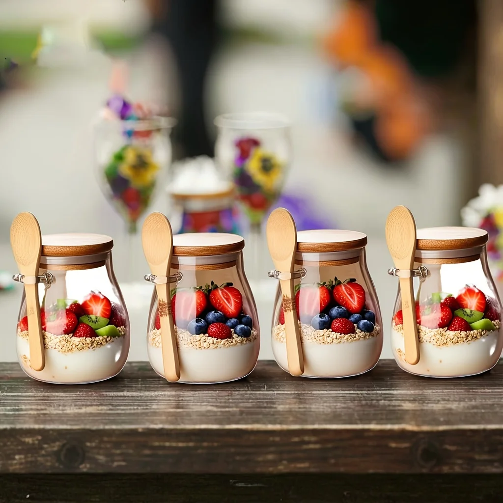 350 مللي كوب زجاجي مع غطاء وملاعق كوب الشوفان الزجاجي المطبخ الزجاج تخزين جرة للمطبخ الشوفان الحليب القهوة سلطة الفاكهة