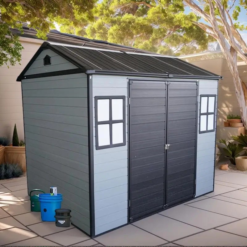 

8x6ft Outdoor Resin Garden Shed with Floor & 2 Windows, Plastic Storage Shed with Lockable Door for Garden Tools, Bicycles, and
