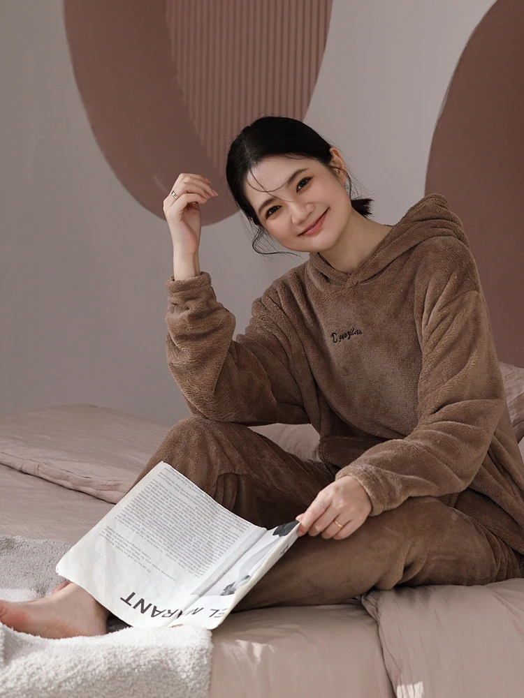 

Зимний пижамный комплект с капюшоном Coral Fce, женские длинные брюки-свек, большие размеры, цветная домашняя одежда, комплект из двух предметов