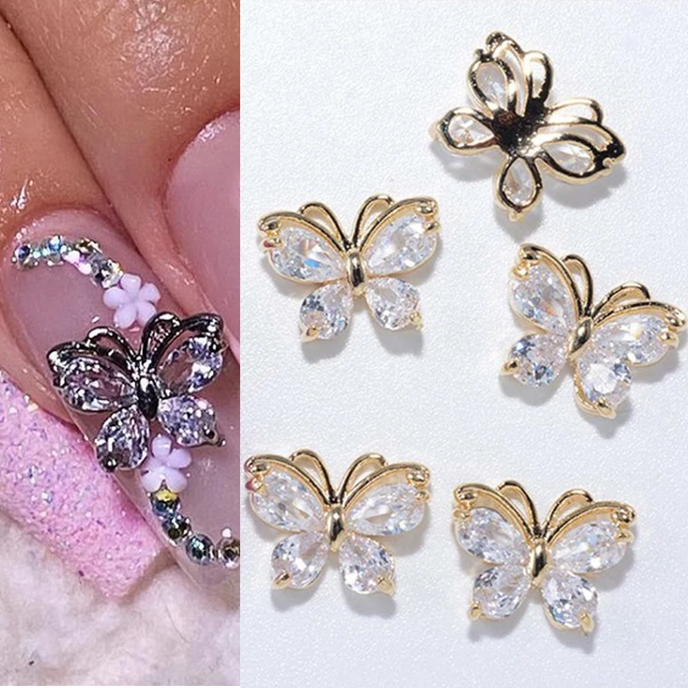 10PC Alloy Butterfly Zircon Nail Art Rhinestone 3D Gold Silver Shiny Diamond Nail ART Gems Butterfies Crystal Manicure Accessory